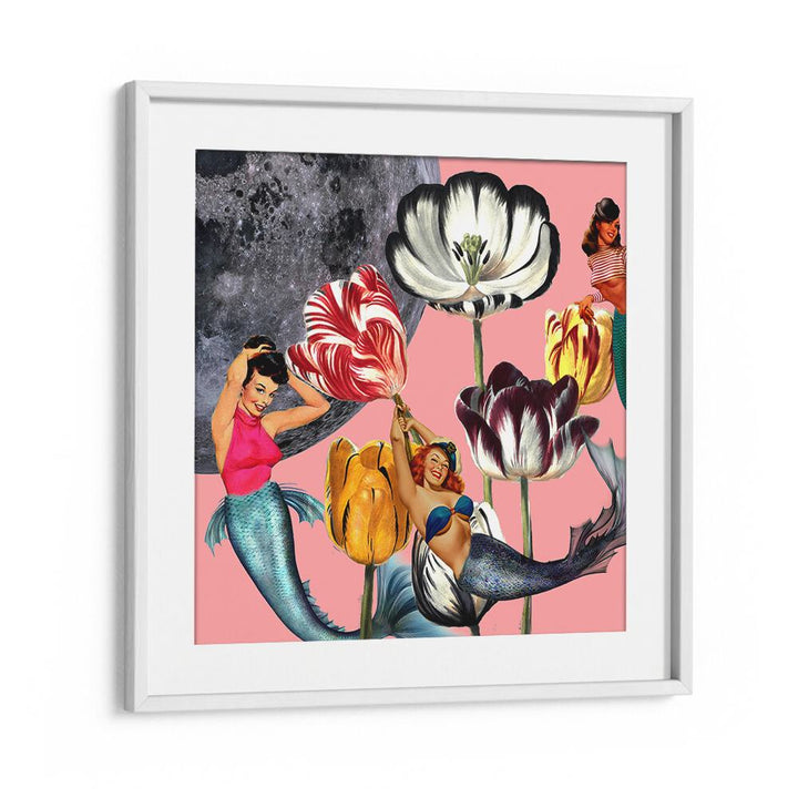 Whimsical MERMAID ON THE MOON, PORTRAITS artwork featuring mermaids and flowers against a moonlit backdrop.
