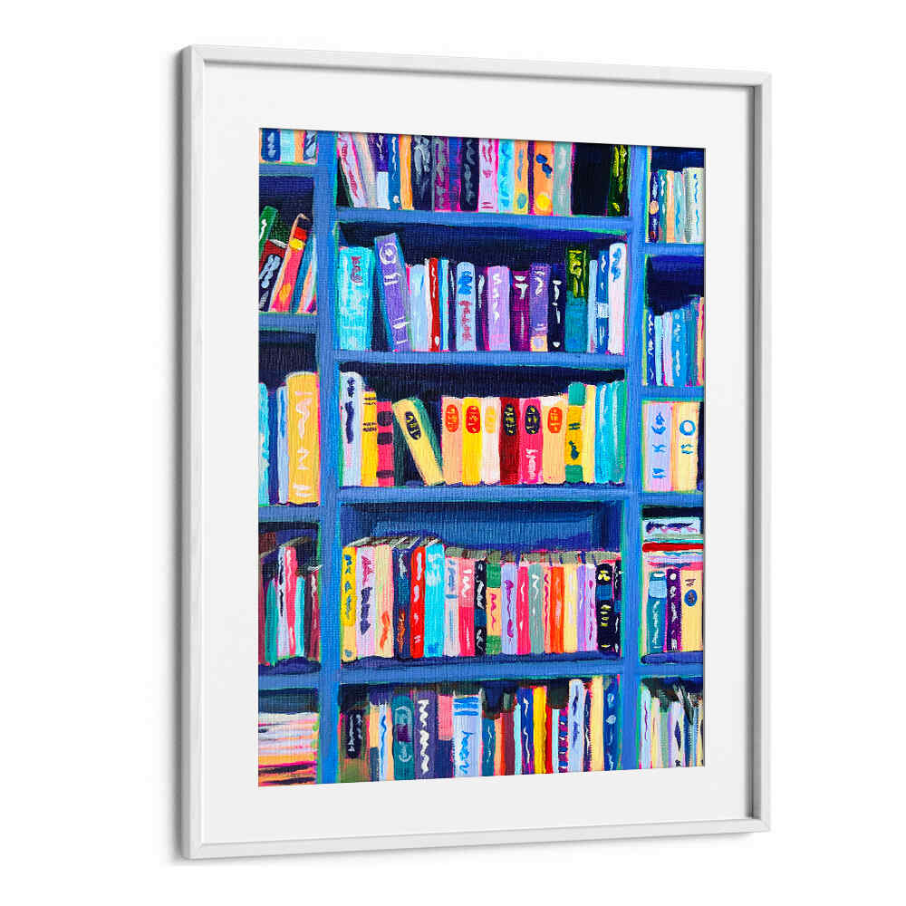 BOOKSHELF AT THE CHÂTEAU , FASHION POSTERS framed colorful bookshelf art print on white mat, Imagy