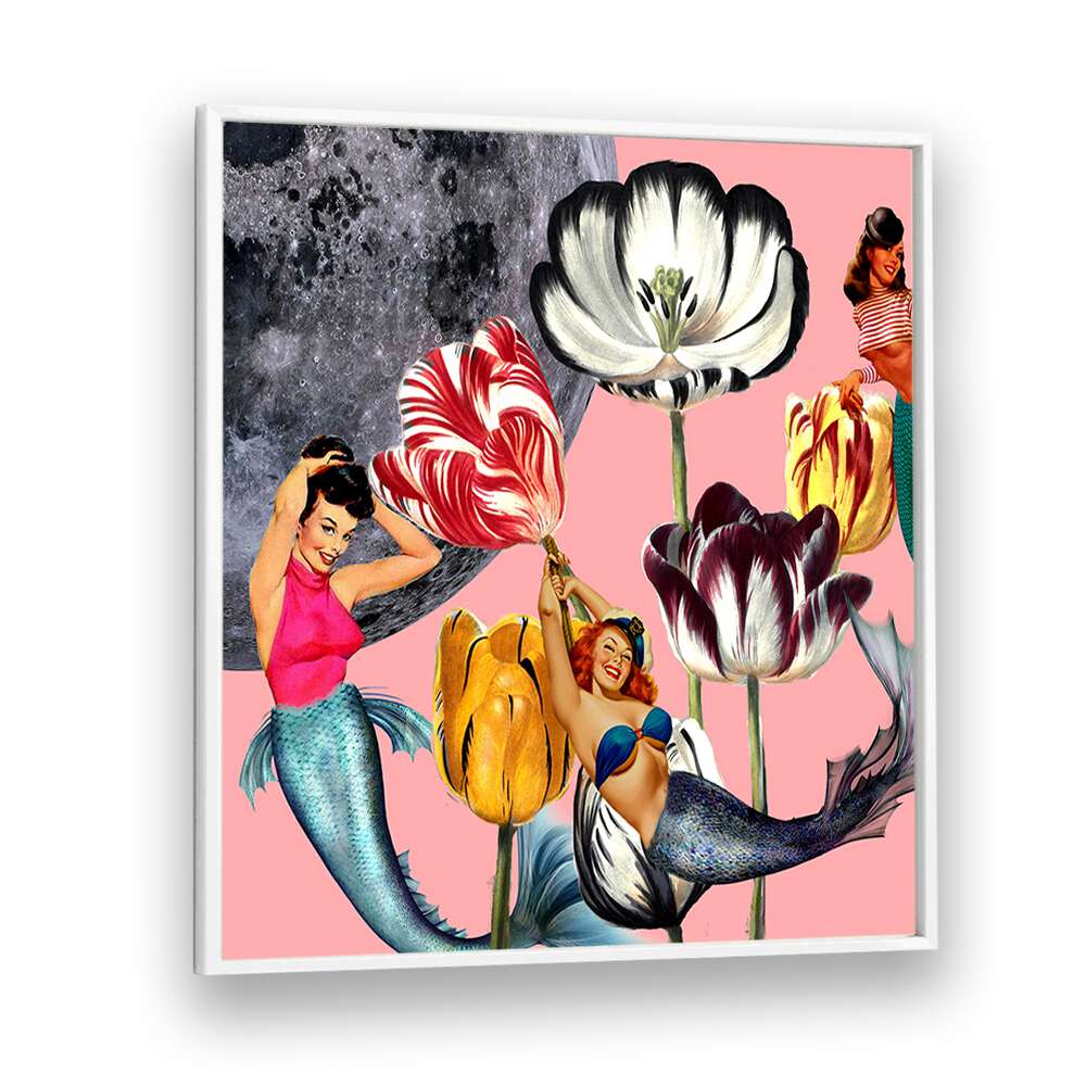 Whimsical MERMAID ON THE MOON, PORTRAITS art features mermaids and flowers against a mystical moon backdrop.