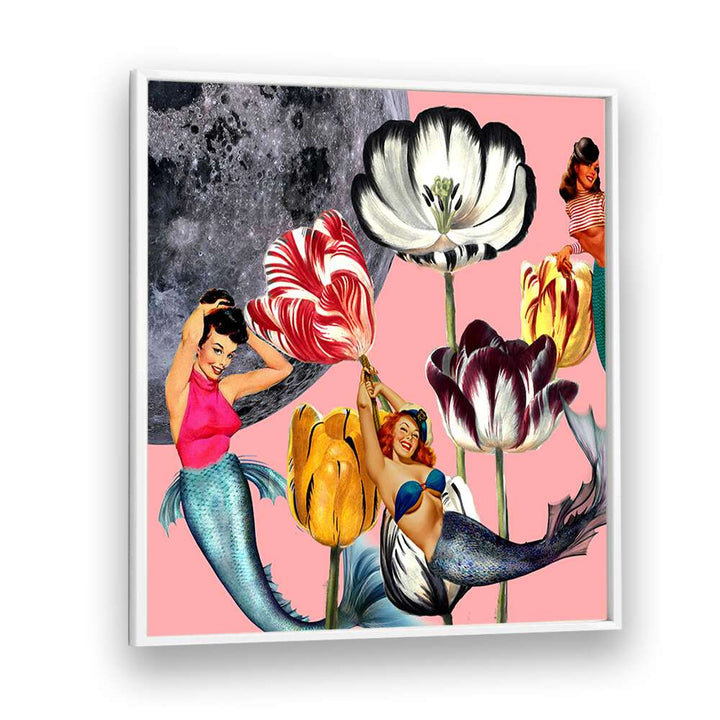 Whimsical MERMAID ON THE MOON, PORTRAITS art features mermaids and flowers against a mystical moon backdrop.
