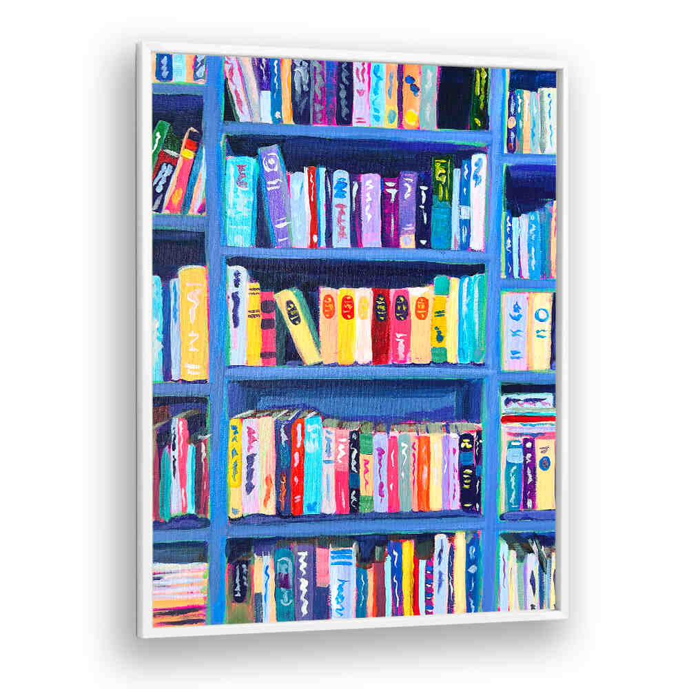 BOOKSHELF AT THE CHÂTEAU , FASHION POSTERS: colorful painted bookshelf with couture poster spines on blue shelves