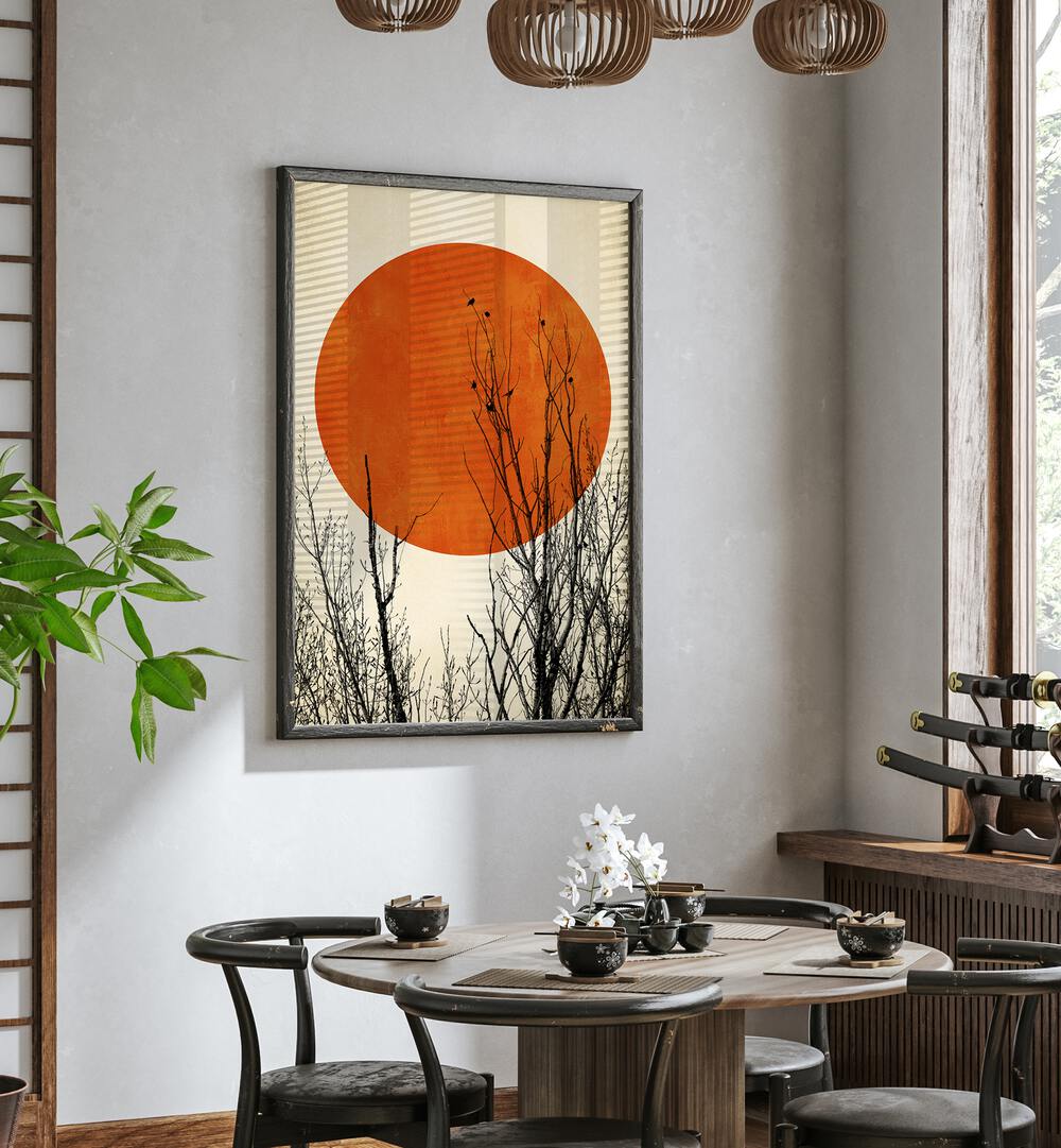 Winter Glow By Kubistika Landscape Art Artwork in Black Plain Frame Placed on a White Wall near a wooden Dinning table in the Dinning Room