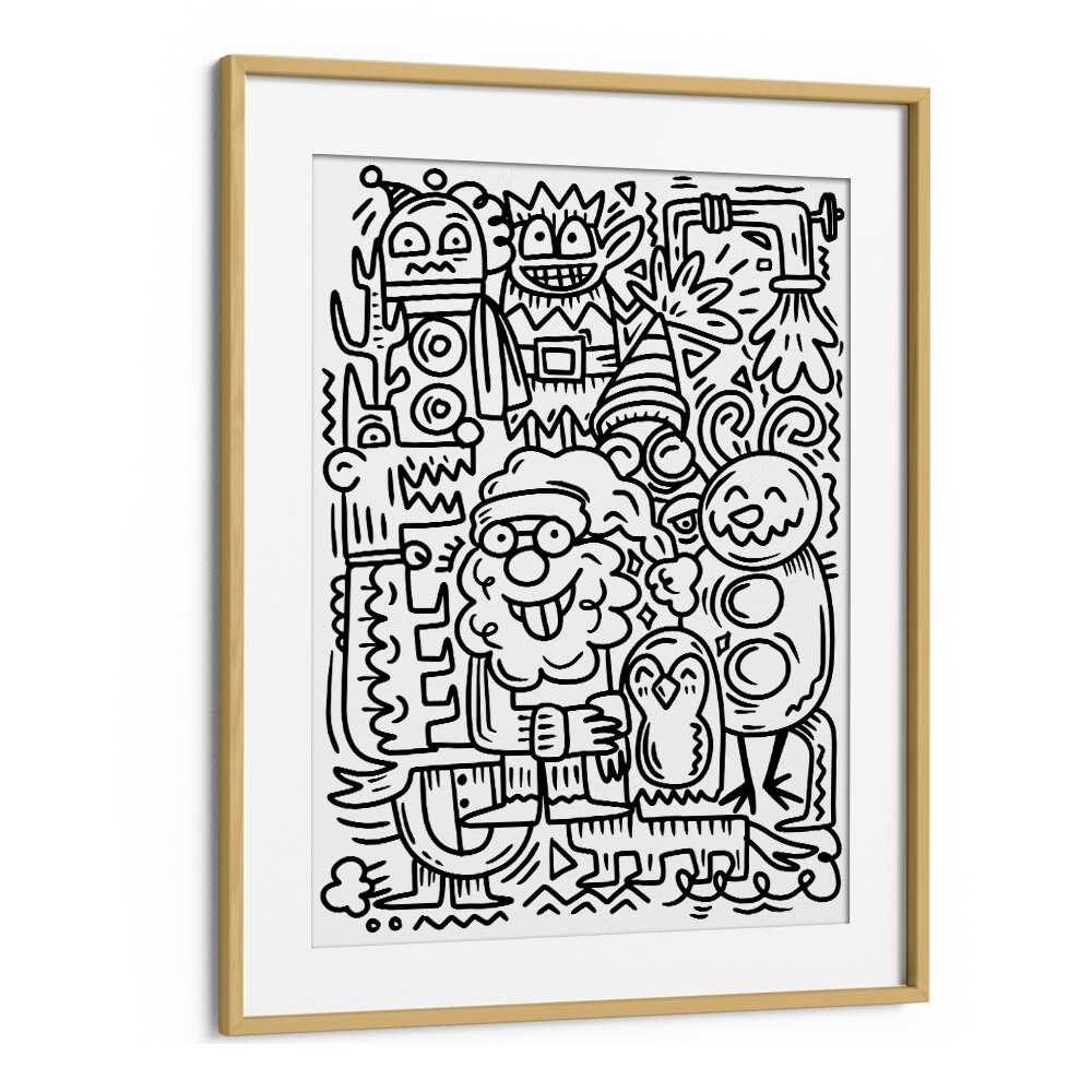 Winter Holidays Doodle II Doodle Art Artwork in Oak Wood Frame With Mount