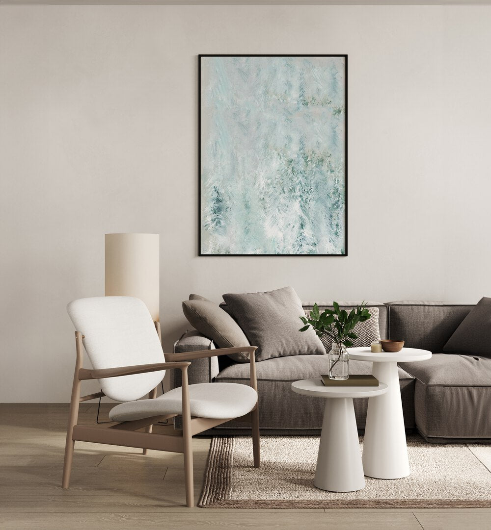 Enchant your space with WINTER WHITE FOREST I, ABSTRACT PAINTINGS, showcasing serene winter elegance and tranquility.