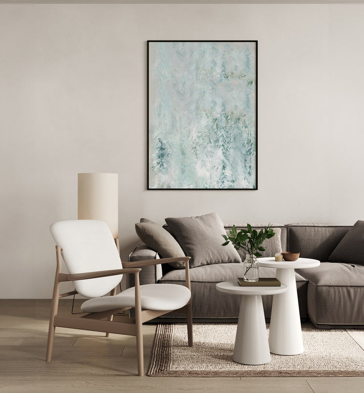 Enchant your space with WINTER WHITE FOREST I, ABSTRACT PAINTINGS, showcasing serene winter elegance and tranquility.