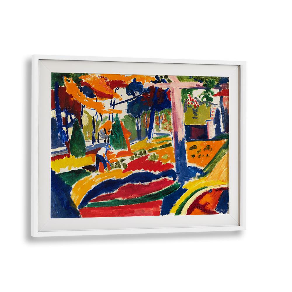 The Masters Art collection showcases a vibrant artwork titled "GARDEN (CA.1915), VINTAGE PAINTINGS" by Asianmonk. This colorful abstract painting features bold strokes in blues, reds, greens, and yellows with a central figure, beautifully framed in white on museum-grade canvas.