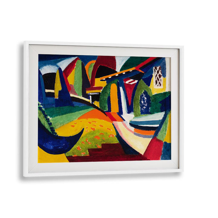 This framed abstract painting, from the renowned Asianmonk collection titled "Scheherazade (1915), Vintage Paintings," bursts with vibrant colors, geometric shapes, and bold lines. It depicts a path and stylized buildings using giclee printing technique to enhance its dynamic and diverse landscape.