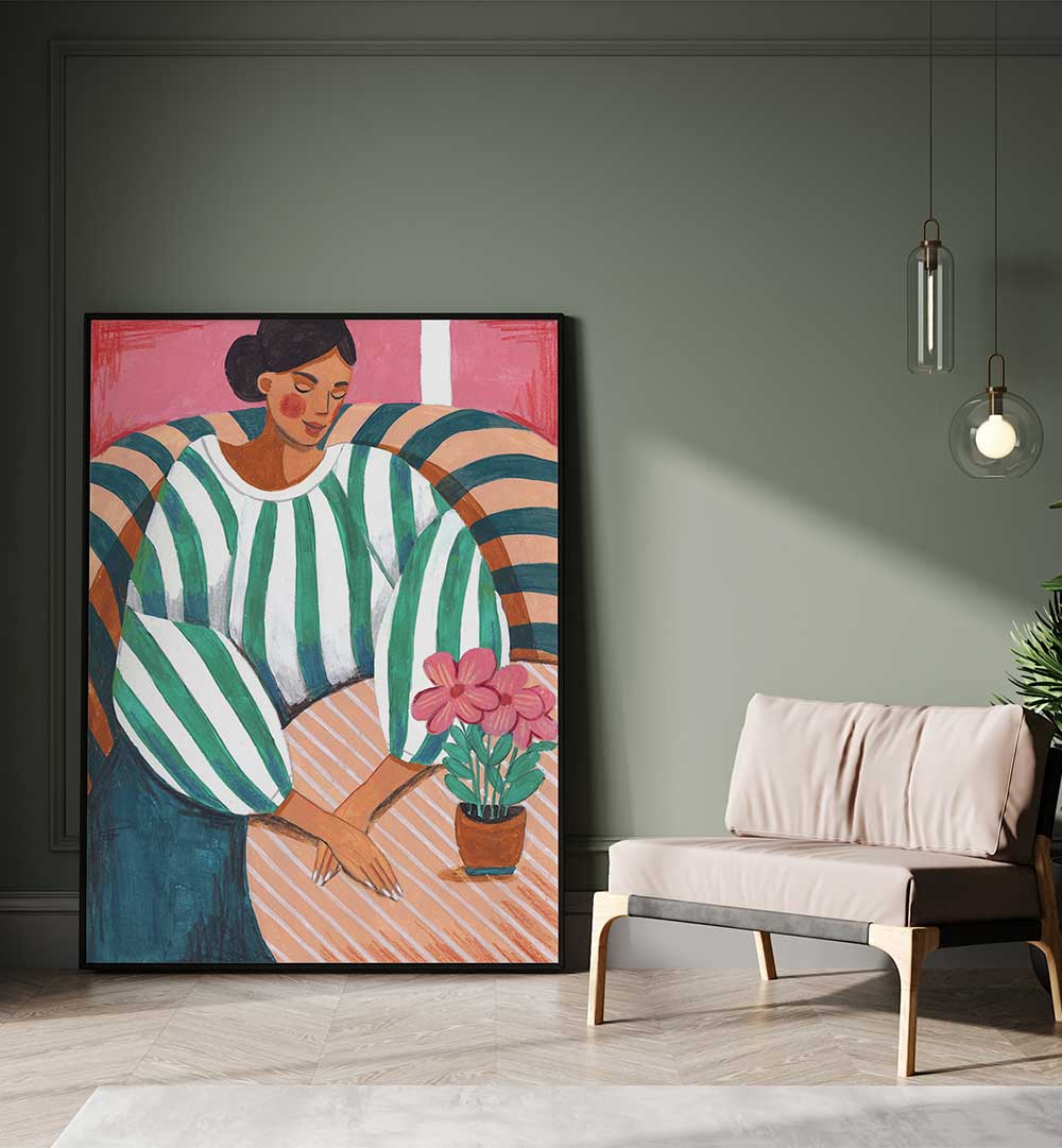 WOMAN IN STRIPES IN THOUGHT , PORTRAITS & FIGURATIVE ILLUSTRATIONS