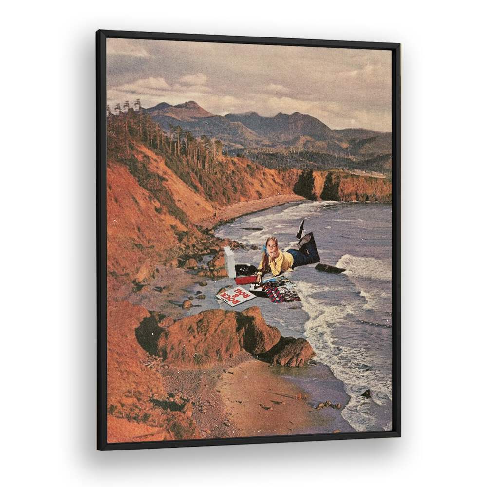 WOMAN ON BEACH  Surreal Painting Artwork in Black Plain Frame
