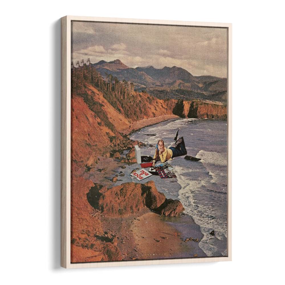 WOMAN ON BEACH  Surreal Painting Artwork in Oak Wood Floater Frame