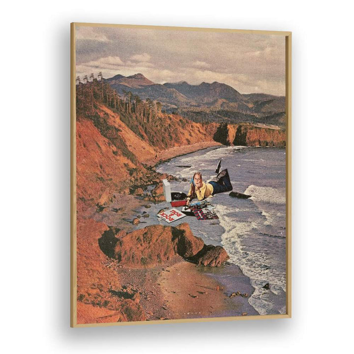 WOMAN ON BEACH Surreal Painting Artwork in Oak Wood Plain Frame
