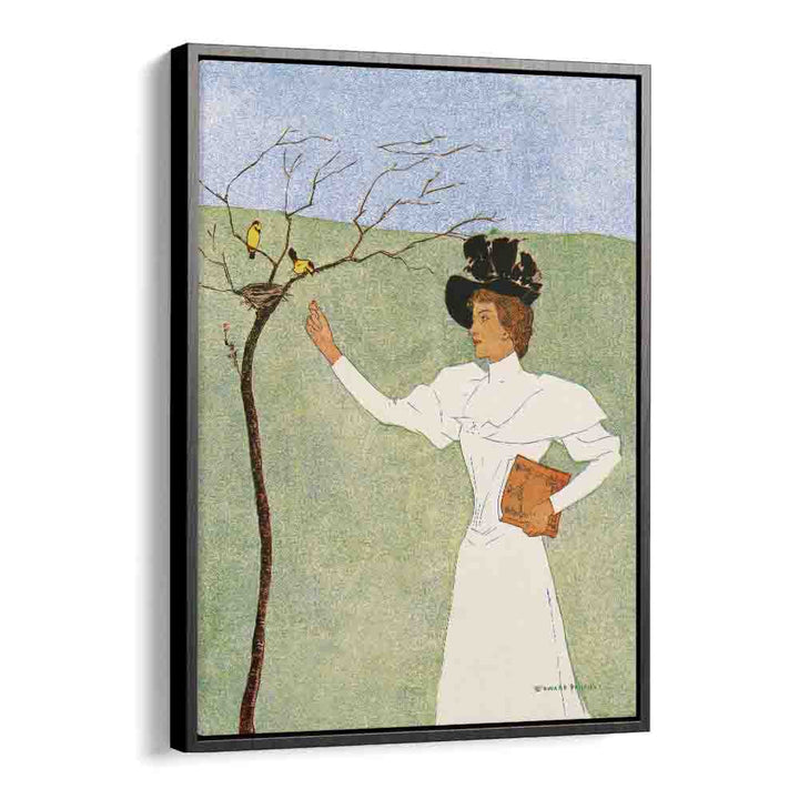 Woman Reaching For Birds (1894) Edward Penfield art painting Artwork in Black Floater Frame