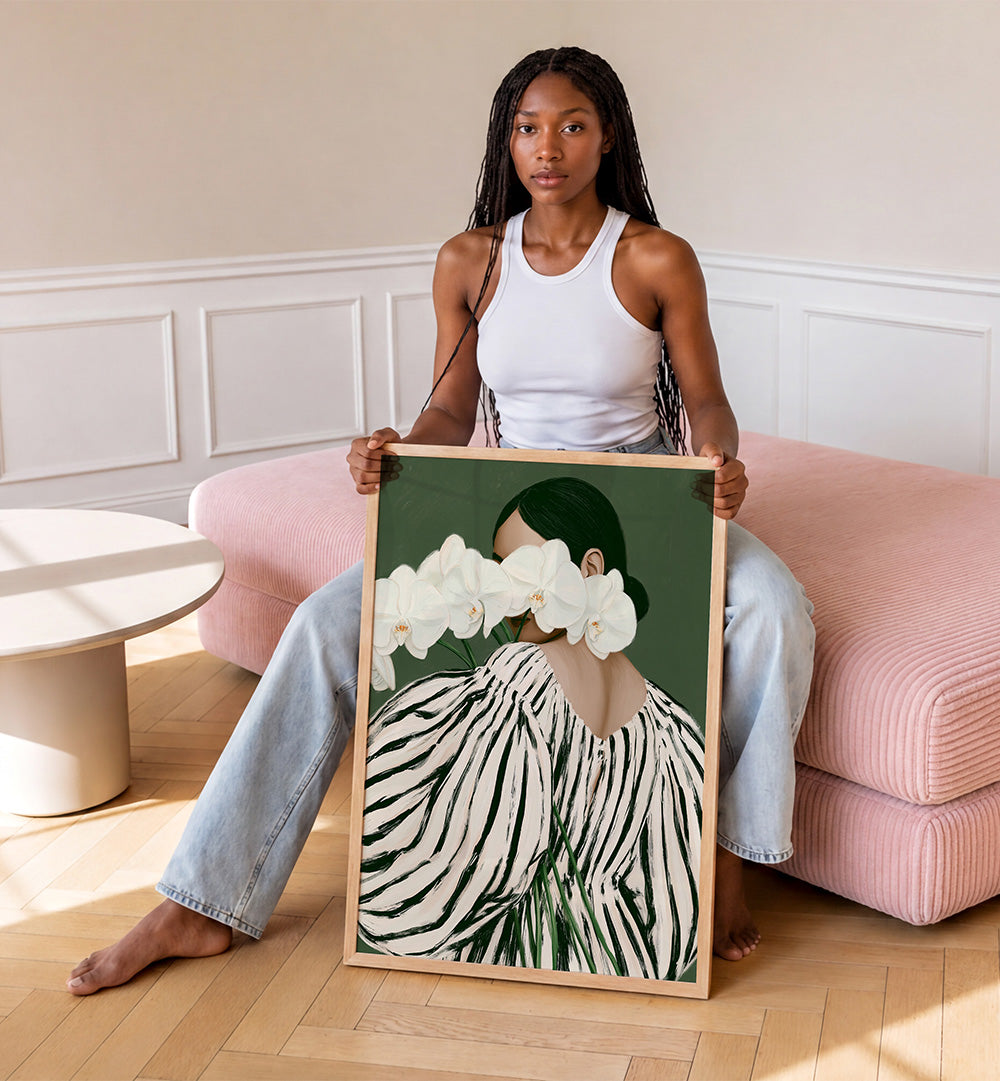 WOMAN WITH WHITE ORCHIDS