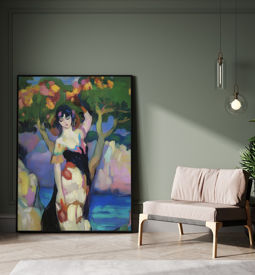 WOMAN BY THE SEA II showcases a graceful figure amidst vibrant coastal scenery, blending beauty and nature harmoniously.