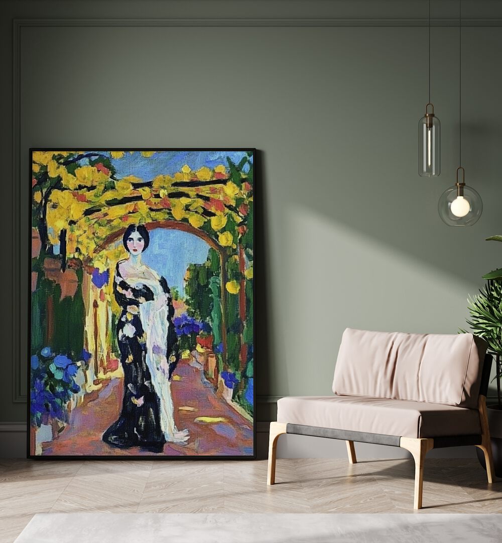 Stunning artwork featuring a WOMAN IN A GARDEN amidst vibrant flowers, perfect for adding tranquility to your space.