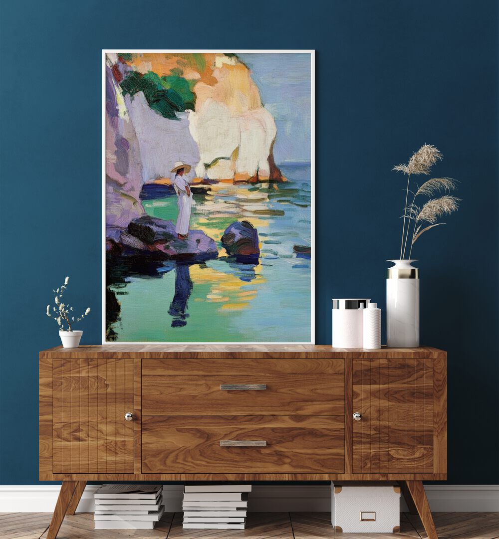 Stunning WOMAN ON A ROCK sculpture showcased beautifully against a modern backdrop, perfect for art lovers and decor enthusiasts.