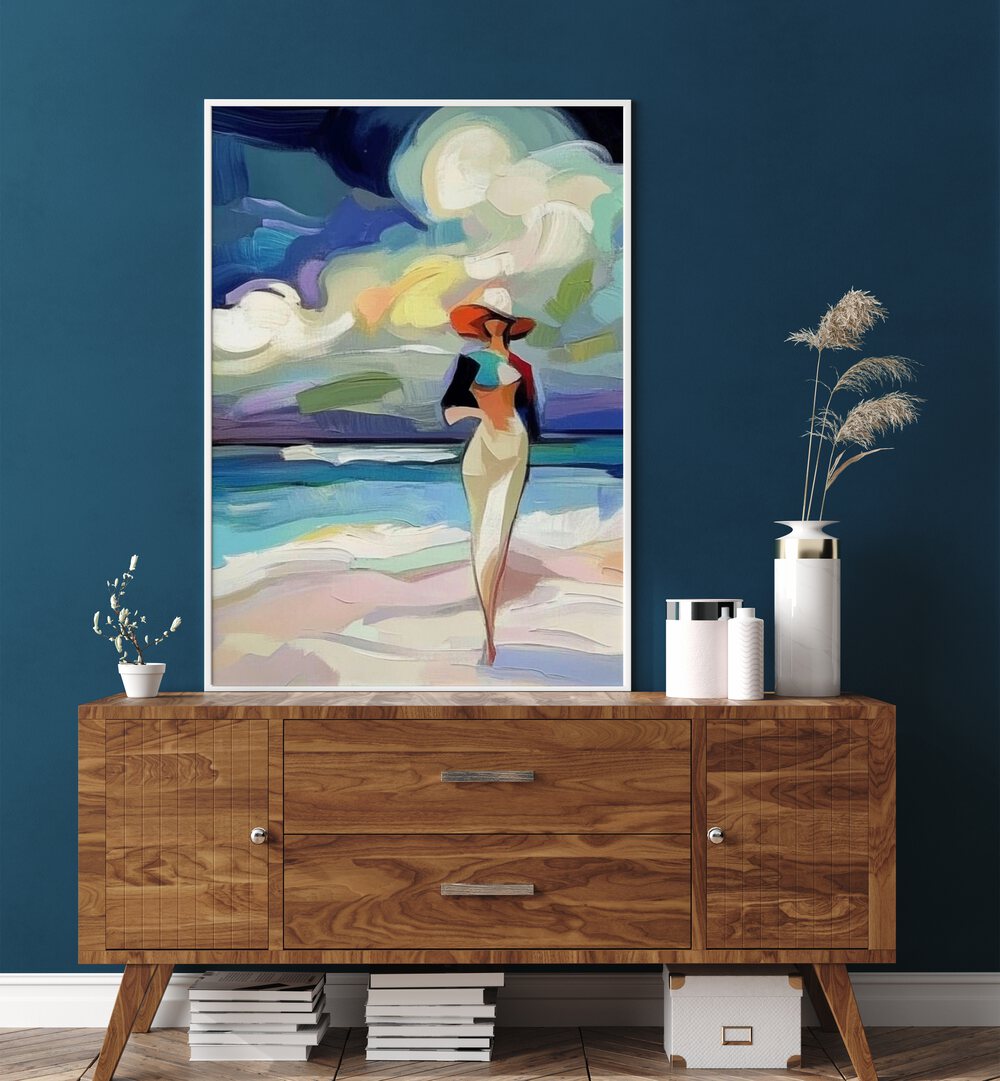 Elegant woman on the beach walks gracefully, embodying confidence and charm in the Woman on the Beach collection.