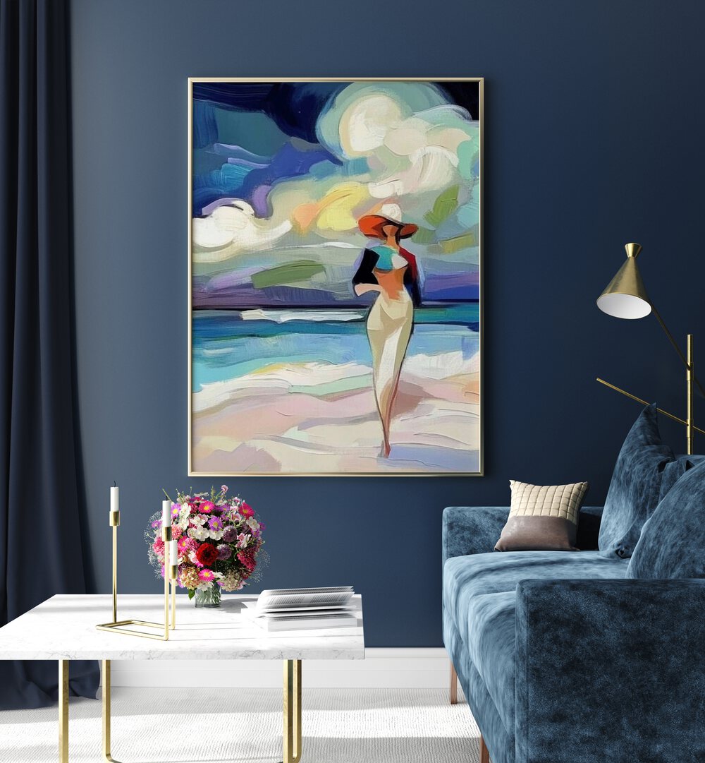 Stylish WOMAN ON THE BEACH artwork, adding elegance and charm to your space with a modern feminine touch.