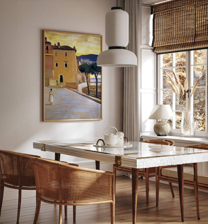 Vibrant artwork of a woman walking down a street, adding charm to modern home décor. Perfect for art lovers.
