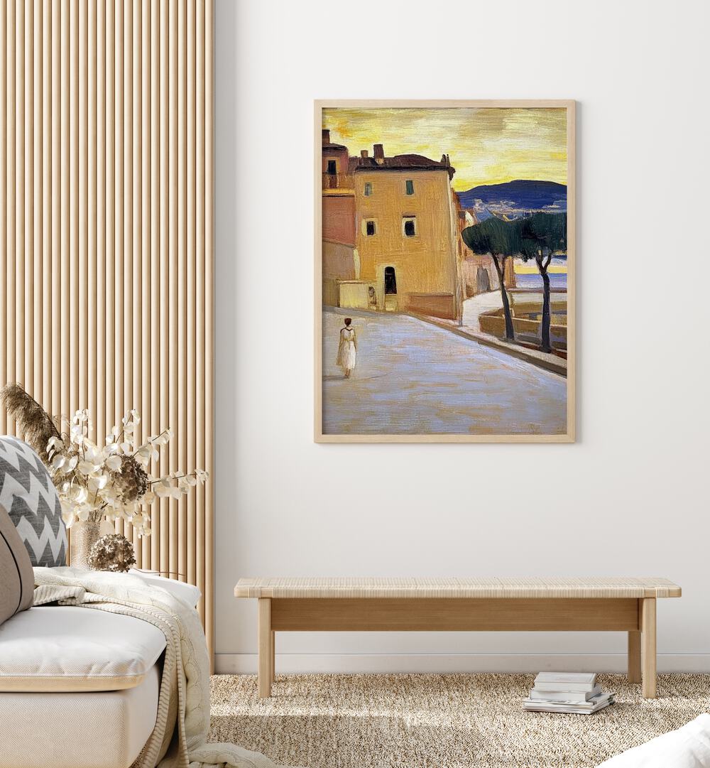 Stunning artwork of a woman walking down a street, blending modern charm and vibrant aesthetics for any décor.
