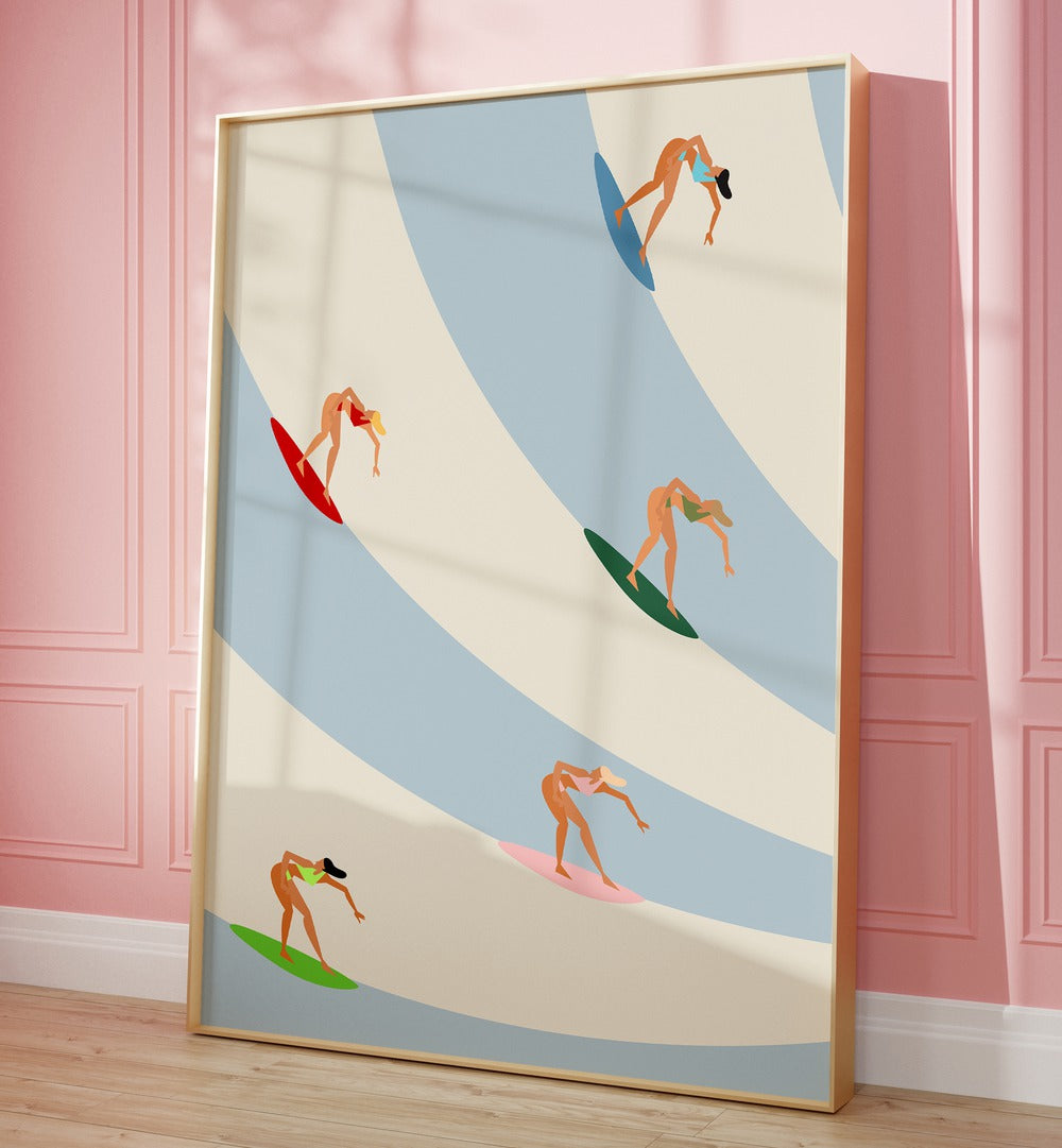 Women Surfing sports Artwork Placed on a wall In A Living Room 