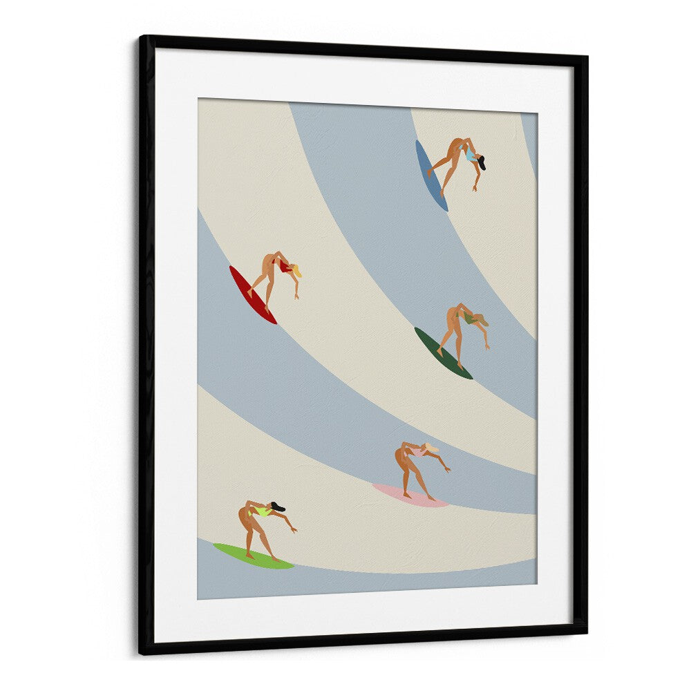 Women surfing Sports Art Artwork in Black Frame With Mount