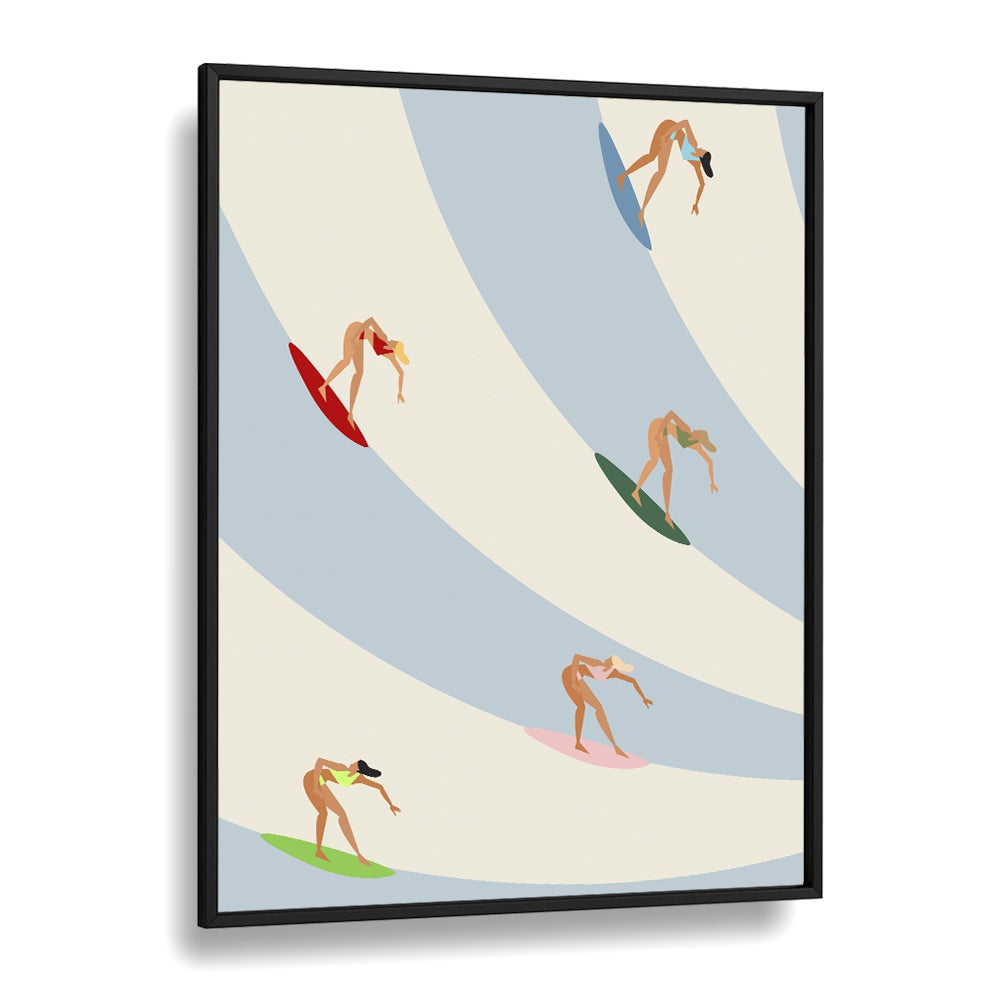 Women surfing Sports Art Artwork in Black Plain Frame