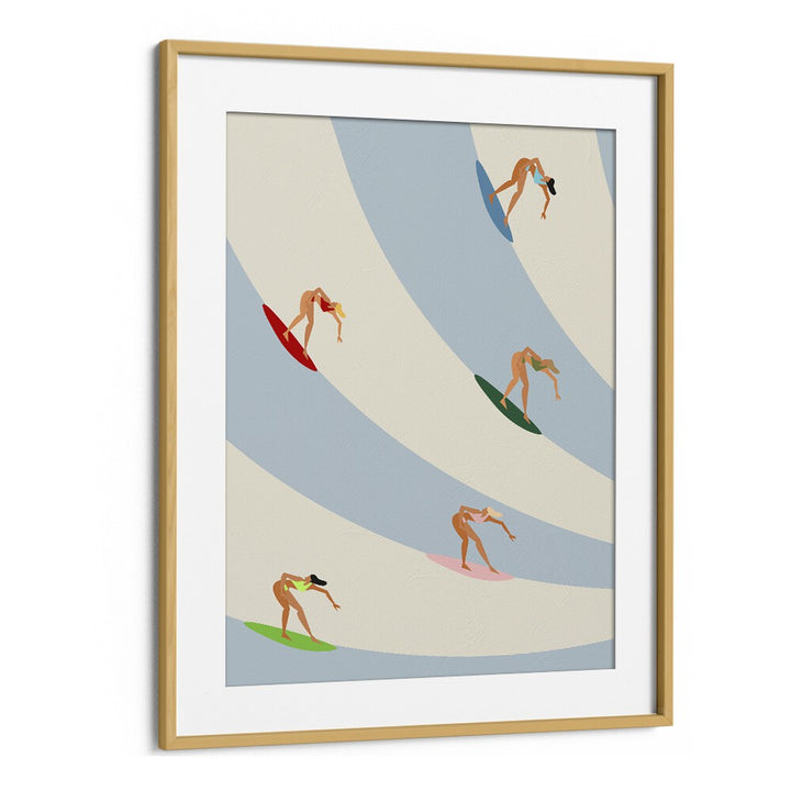 Women surfing Sports Art Artwork in Oak Wood Frame With Mount