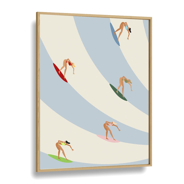 Women surfing Sports Art Artwork in Oak Wood Plain Frame