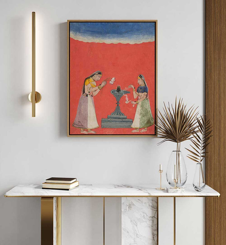 WOMEN WORSHIPPING A SHIVA LINGA , INDIAN ART PAINTINGS