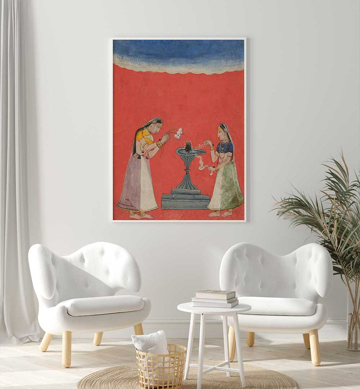 WOMEN WORSHIPPING A SHIVA LINGA , INDIAN ART PAINTINGS
