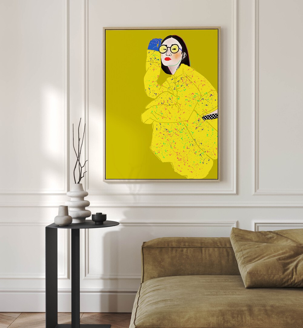 Wait I Am Resting By Ana Sneeringer Wall Art Paintings in Oak Wood Floater Frame on a white wall placed behind a sofa