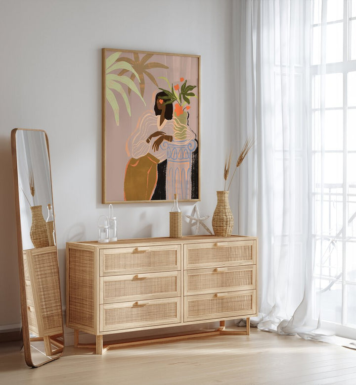 Waiting By Arty Guava Wall Art Prints in Oak Wood Plain Frame placed on a White Colored Wall above a Console Table in the Drawing Room 