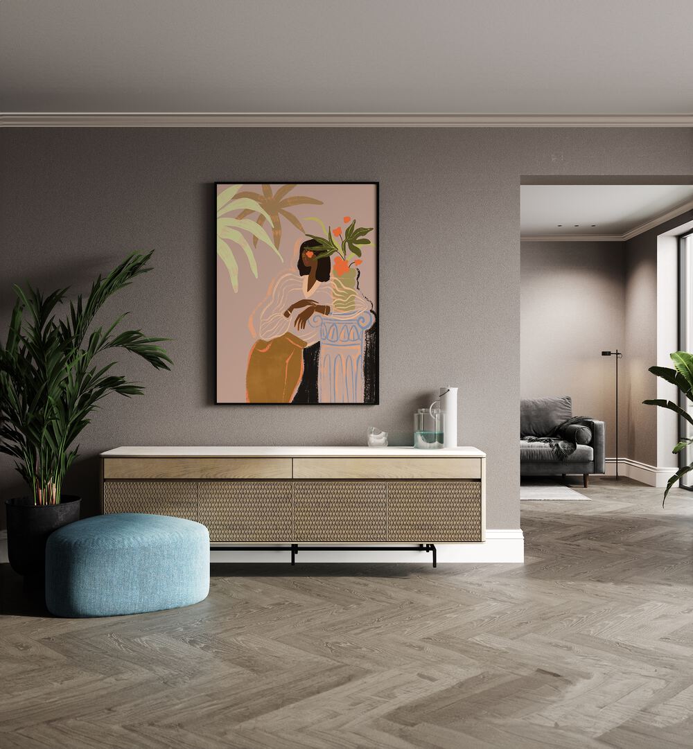 Waiting By Arty Guava Wall Art Prints in Black Plain Frame placed on a Beige Colored Wall above a Console Table in the Drawing Room