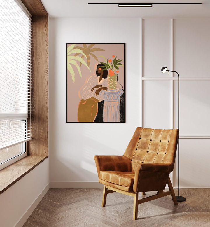 Waiting By Arty Guava Wall Art Prints in Black Plain Frame placed on a Cream Colored Wall in the Drawing Room