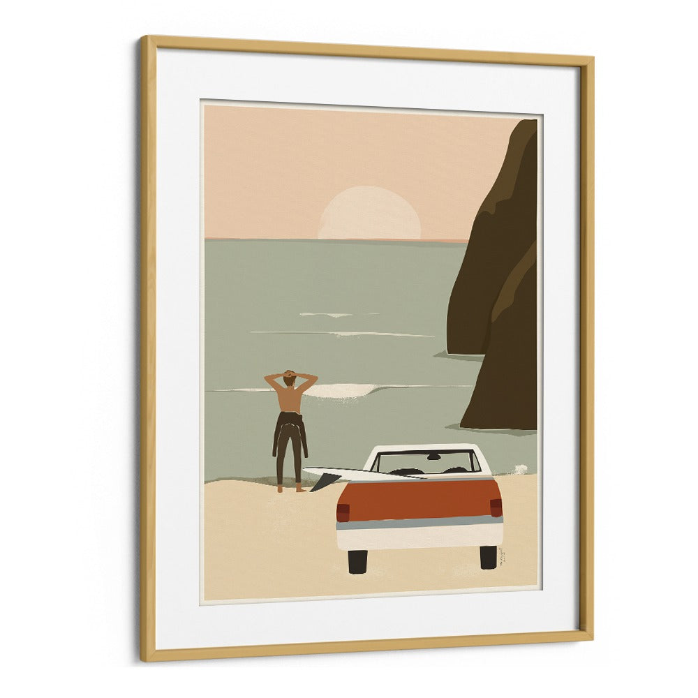 Waiting For The Wave By Andi Bell Beach Prints in Oak Wood Frame With Mount