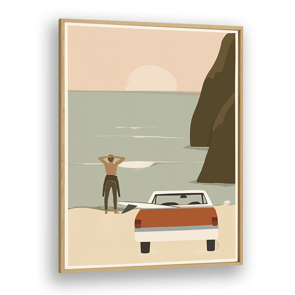 Waiting For The Wave By Andi Bell Beach Prints in Oak Wood Plain Frame