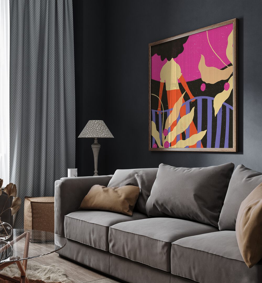 Waiting by Shriya Bhattacharya Art Prints in Oak Wood Plain Frame behind a sofa for living room