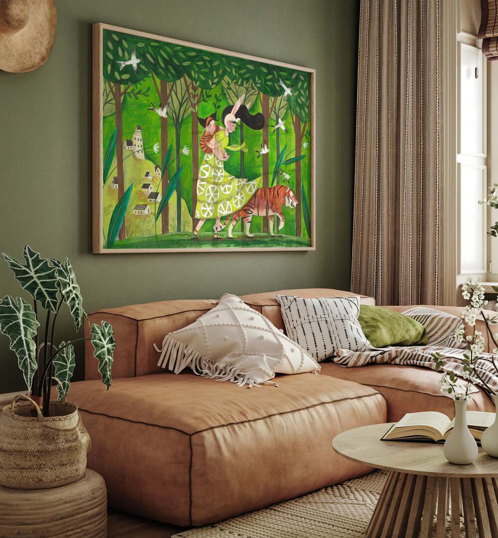 Walking Through The Woods By Caroline Bonne Muller Kids Room Painting in Oak Wood Plain Frame on a green wall behind a sofa 