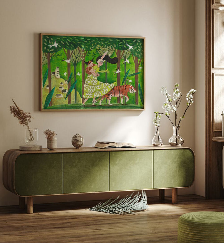 Walking Through The Woods By Caroline Bonne Muller Kids Room Painting in Oak Wood Plain Frame on a cream wall above a console table 