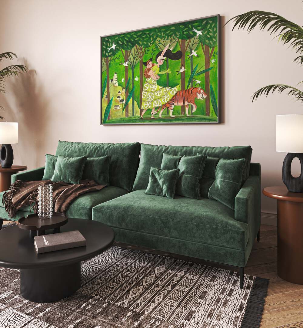 Walking Through The Woods By Caroline Bonne Muller Kids Room Painting in Black Plain Frame on a cream wall behind a sofa for living room