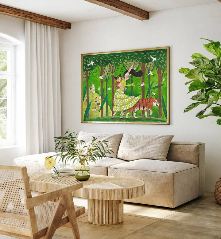 Walking Through The Woods By Caroline Bonne Muller Kids Room Painting in Golden Plain Frame on a white wall behind a sofa for living room