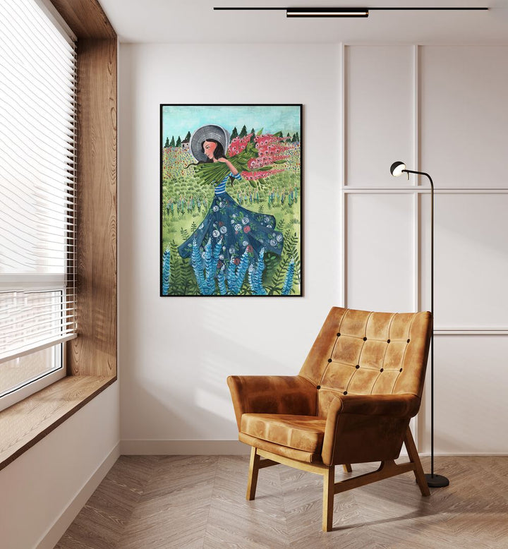 Walking With Field Flowers By Caroline Bonne Muller Women Paintings in Black Plain Frame on a white wall beside a window