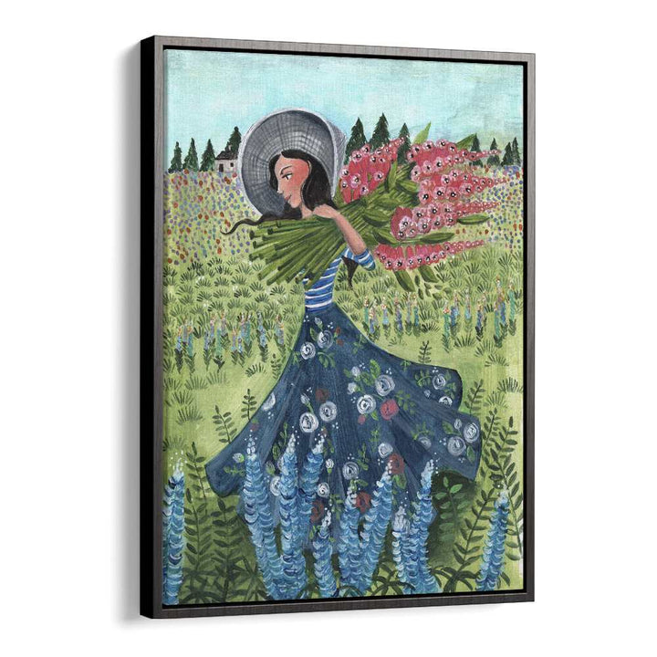 Walking With Field Flowers By Caroline Bonne Muller Women Paintings in Black Floater Frame