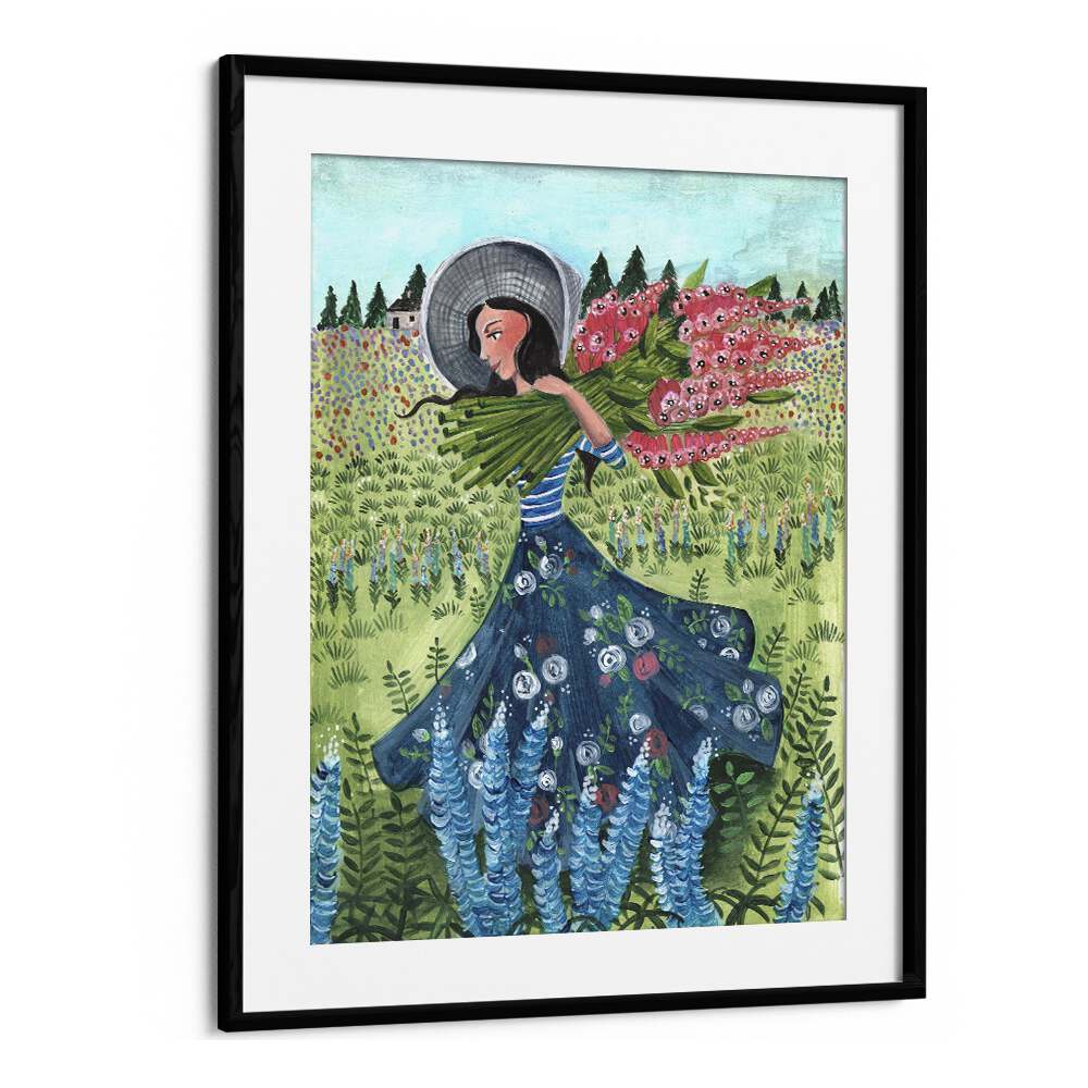 Walking With Field Flowers By Caroline Bonne Muller Women Paintings in Black Frame With Mount