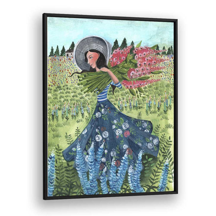 Walking With Field Flowers By Caroline Bonne Muller Women Paintings in Black Plain Frame