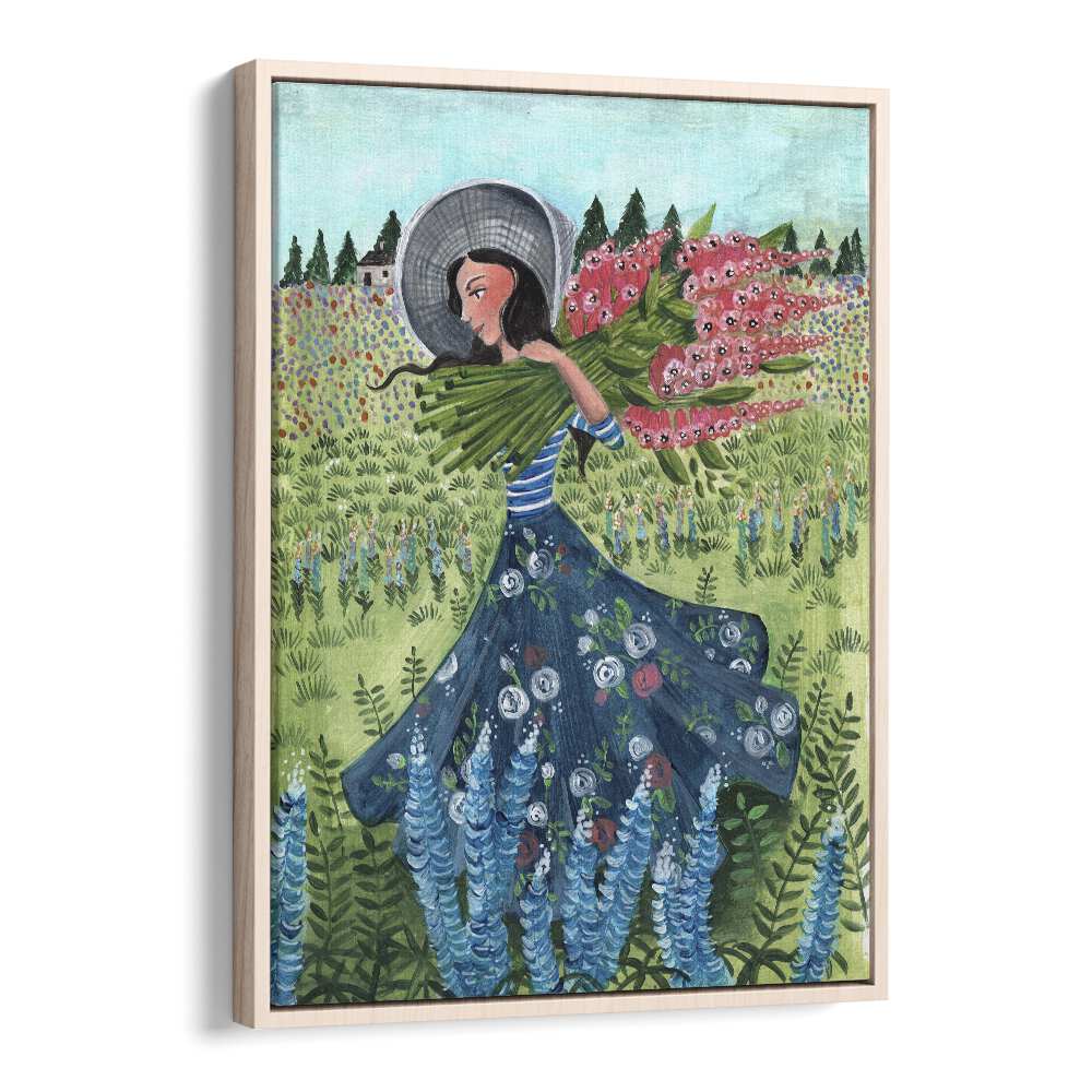 Walking With Field Flowers By Caroline Bonne Muller Women Paintings in Oak Wood Floater Frame