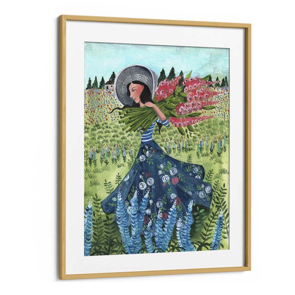 Walking With Field Flowers By Caroline Bonne Muller Women Paintings in Oak Wood Frame With Mount