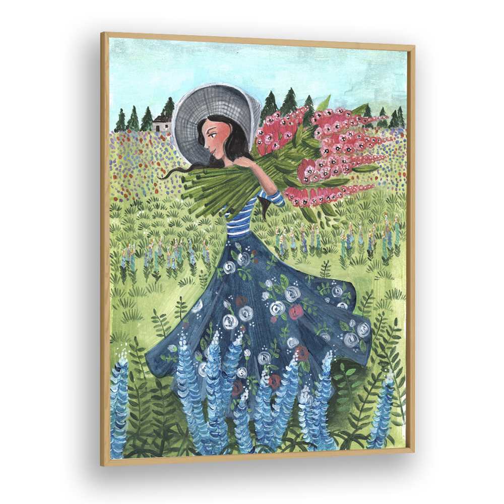 Walking With Field Flowers By Caroline Bonne Muller Women Paintings in Oak Wood Plain Frame