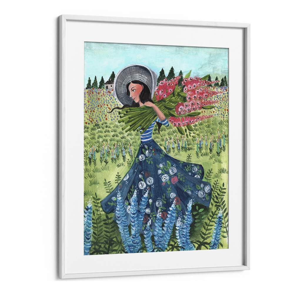 Walking With Field Flowers By Caroline Bonne Muller Women Paintings in White Frame With Mount